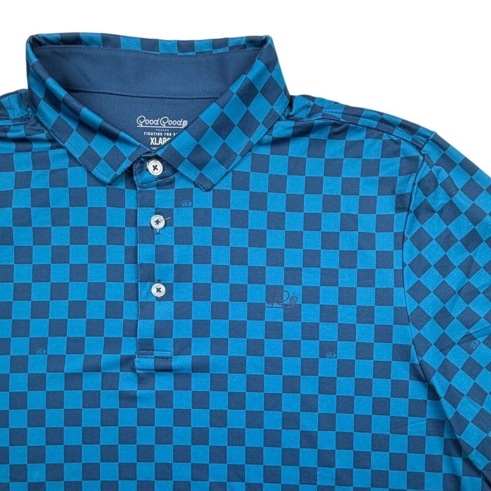 Good Good Golf Mens XL Performance Polo Shirt Teal Blue Checkered Short Sleeve